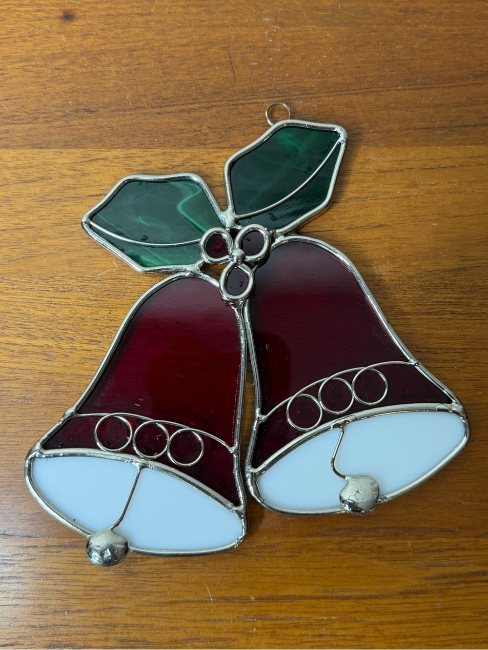 Vintage Stained Glass Leaded Christmas Bells With Holly & Berries Suncatcher Orn